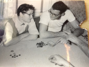 My father and his mother (who cheated at cards), circa 1945.